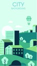 Green city background. Environmental protection concept flyer with urban town and nature. Hot air balloon