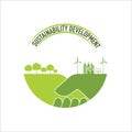 Green city and forest living together design on handshake for sustainability development and eco friendly concept