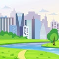 Green city landscape with road, river and trees vector illustration. City background in flat style. Royalty Free Stock Photo