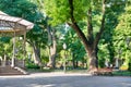 Green city park, summer season, bright sunlight and shadows, beautiful landscape, home and people on street Royalty Free Stock Photo