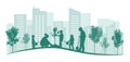 Green city. Planting trees by large family in yard, park. Landscaping of town. Vector illustration