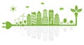 Green city with renewable energy sources. Ecological city with mirror reflection. Environment conservation. Sustainable