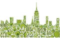 Green city silhouette with environmental icons Royalty Free Stock Photo