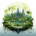 Green city with skyscrapers and trees in the form of a planet