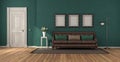 Green classic living room with leather sofa