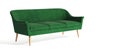 Green classic modern stylish sofa with wooden legs isolated on white background. Furniture, interior object, stylish sofa. Single