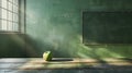 Rustic Green Classroom Still Life Apple Wooden Desk Blackboard old wall table light retro image Royalty Free Stock Photo