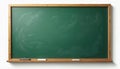 Green classroom chalkboard with wooden frame sits on white wall. Chalk sticks and eraser rest on bottom ledge. Empty surface Royalty Free Stock Photo