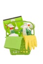 Green Cleaning Supplies with Rubber Gloves Royalty Free Stock Photo