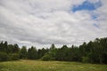 In a green clearing, the forest and white clouds with a blue patch of sky go into the distance. Royalty Free Stock Photo