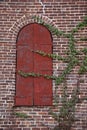 Green climbing vines on red brick wall with uniquely shaped window.