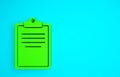 Green Clipboard with checklist icon isolated on blue background. Control list symbol. Survey poll or questionnaire