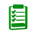 Green Clipboard with checklist icon isolated on transparent background. Control list symbol. Survey poll or