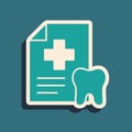 Green Clipboard with dental card or patient medical records icon isolated on green background. Dental insurance. Dental clinic