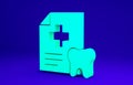 Green Clipboard with dental card or patient medical records icon isolated on blue background. Dental insurance. Dental