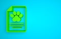 Green Clipboard with medical clinical record pet icon isolated on blue background. Health insurance form. Medical check