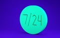 Green Clock 24 hours icon isolated on blue background. All day cyclic icon. 24 hours service symbol. 3d illustration 3D