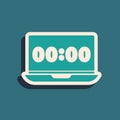 Green Clock on laptop screen icon isolated on green background. Schedule concepts. Long shadow style. Vector Royalty Free Stock Photo