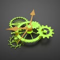 Green clock mechanism gears with orange arrows