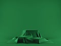 Green cloth on a pedestal, Product Stand, show. Exhibition scene with silk tablecloth for presentation, studio decor