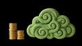 Green cloud computing increasing profits symbolized by stacks of gold coins Royalty Free Stock Photo