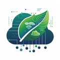 Green cloud computing. Green leaf with circuit, cloud, wi-fi symbols on a cloud, design element. Royalty Free Stock Photo