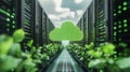 Green cloud icon amidst data servers and plants in a futuristic setting Royalty Free Stock Photo