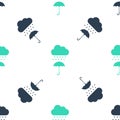 Green Cloud with rain drop on umbrella icon isolated seamless pattern on white background. Vector Royalty Free Stock Photo