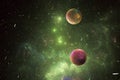 Green clouds of stardust with two planets in black space. Royalty Free Stock Photo