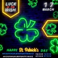 Green clover neon sign. Saint Patricks Day design. Night bright neon sign, colorful billboard, light banner. Vector illustration