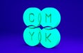 Green CMYK color mixing icon isolated on blue background. Minimalism concept. 3d illustration 3D render