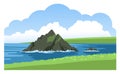 Green coastline with the rock on the horizon. Seascape panoramic view. Ocean landscape with big cloud. Nature hand-drawn