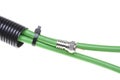 Green coaxial cable with F connector in corrugated pipe