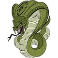 A green cobra king snake attacks with an open hood and open mouth. Design suitable for modern tattoos