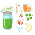 Green cocktail of fruits and vegetables. Smoothies with spinach, almond milk and a banana. Recipe vegetarian smoothies