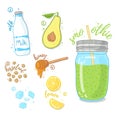 Green cocktail for healthy life. Smoothies with avocado, cow milk, honey and hazelnut. Recipe fruit smoothie in a glass