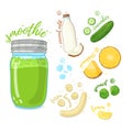 Green cocktail for healthy life. Smoothies with pineapple, coconut milk, banana, cucumber and spinach. Recipe vegetarian