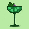 Green cocktail with leaves, flowers, ice cubes. Lavender fizzy drink in margarita glass Royalty Free Stock Photo