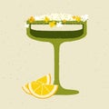 Green cocktail with lemon, cream and flowers. Milkshake. Margarita glass. Alcohol drink Royalty Free Stock Photo