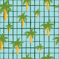 Green coconut palm silhouettes seamless doodle pattern. Blue chequered background. Random tropic artwork