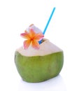 Green coconuts with drinking straw isolated