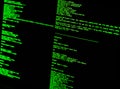 Green code in command line interface on black background. UNIX bash shell
