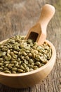 Green coffee beans in wooden bowl Royalty Free Stock Photo