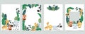 Green collection of jungle frame set with leaf,leaves,fox,lion,giraffe vector illustration for birthday invitation,postcard,logo