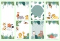 Green collection of safari background set with monkey,fox,giraffe.Editable vector illustration for birthday invitation,postcard Royalty Free Stock Photo