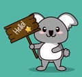 Green color background with cute kawaii animal koala standing with wooden sign hello and star