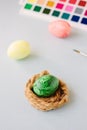 Green color easter egg in small nest over bright background Royalty Free Stock Photo