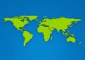 Green colour 3D extruded World Map on blue background