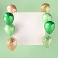 Green color and golden balloons with sequins and white sticker. Green background for social media. 3D render for birthday party.