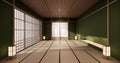 Green color room design interior with door paper and cabinet shelf wall on tatami mat floor room japanese style. 3D rendering Royalty Free Stock Photo